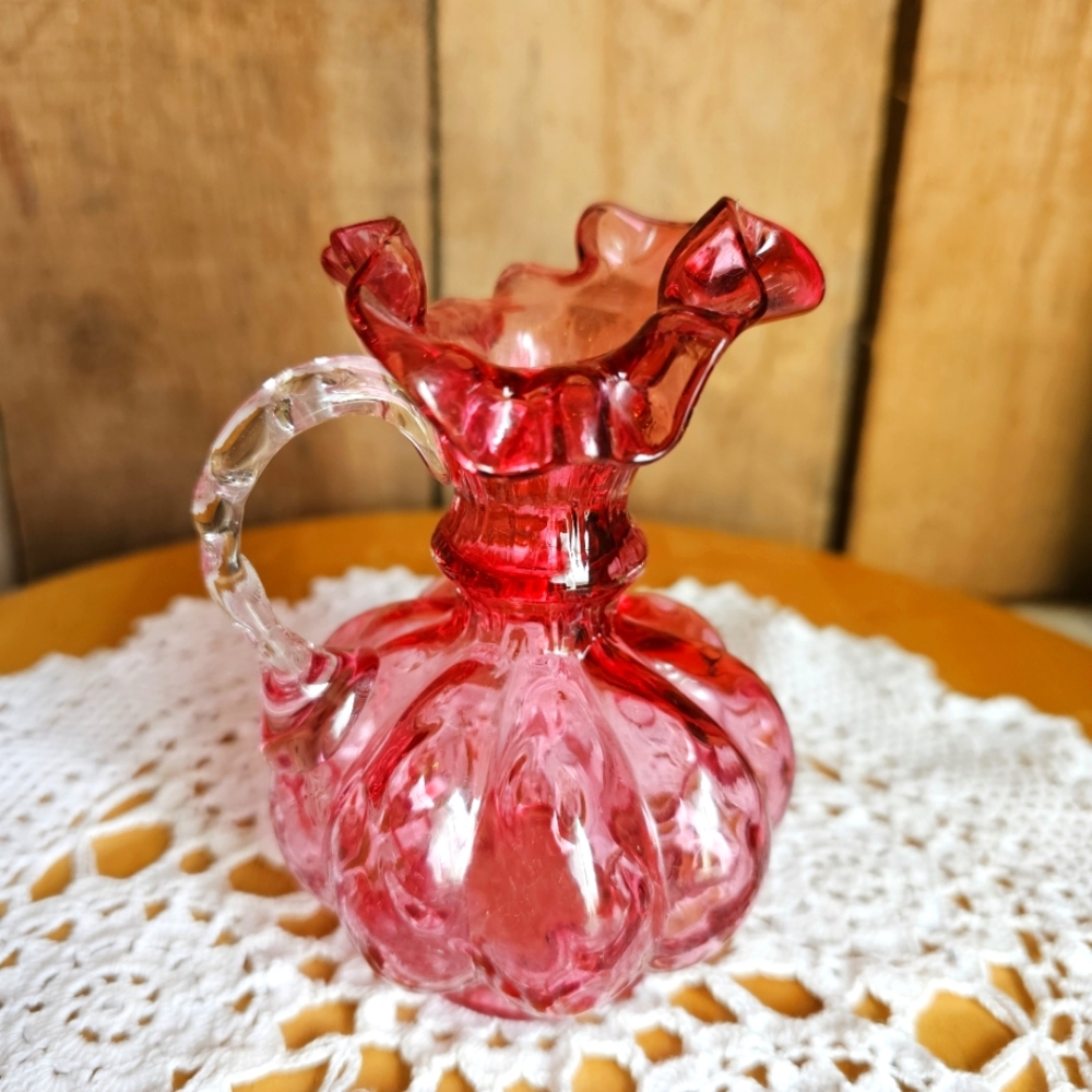 Fenton Ruby Overlay Diamond Optic Melon Jug